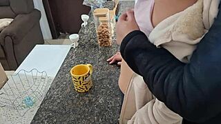 stepdaughter surprised while having breakfast with family