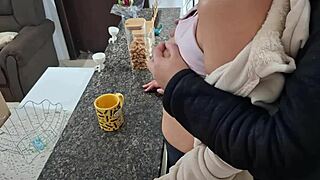 stepdaughter surprised while having breakfast with family