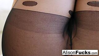 Brunette pornstar Alison Tyler teases off stockings with tall legs, nude ass and pussy masturbation