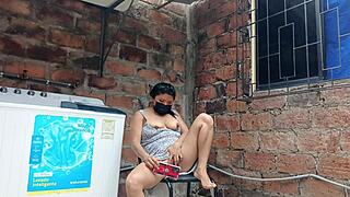 My slutty neighbor flashes her pussy under her dress in the yard!