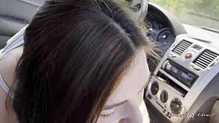 Teen with Big Tits Gives Handjob and Blowjob in Car