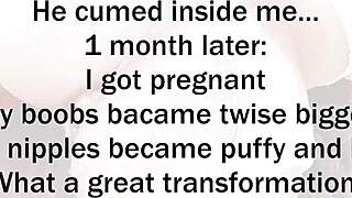 An 18-year-old girl transforms into a milf after getting pregnant, showcasing her changing body and new role.