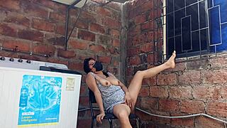 My slutty neighbor flashes her pussy under her dress in the yard!