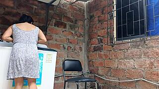 My slutty neighbor flashes her pussy under her dress in the yard!