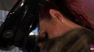 Police officer in latex uniform passionately kisses and fucks stunning woman with big natural tits at office