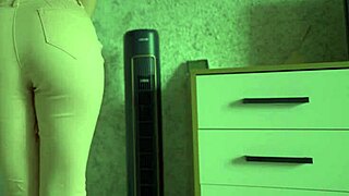 Female Desperately Pees In Jeans At Home