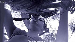 Bluee gives outdoor blowjob with deep throat on monster cock