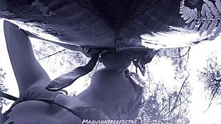 Bluee gives outdoor blowjob with deep throat on monster cock