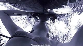Bluee gives outdoor blowjob with deep throat on monster cock