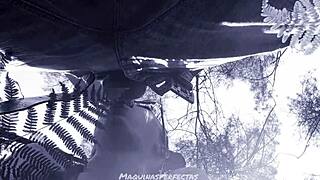 Bluee gives outdoor blowjob with deep throat on monster cock