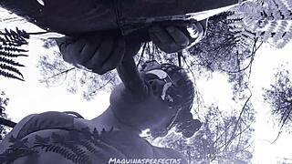 Bluee gives outdoor blowjob with deep throat on monster cock