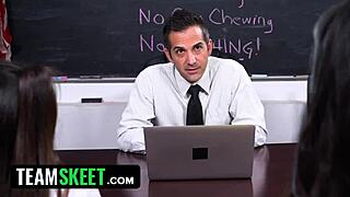 Pervy teacher lures virgin girls into classroom threesome