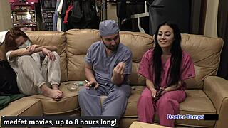 Dr. Tampa examines Blaire Celeste's shaved pussy backstage