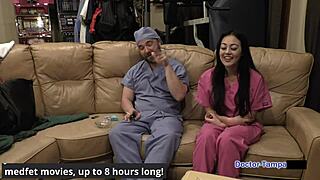 Dr. Tampa examines Blaire Celeste's shaved pussy backstage