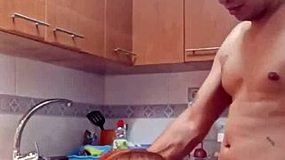 quickie with mother-in-law's pussy in kitchen creampie