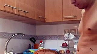 quickie with mother-in-law's pussy in kitchen creampie