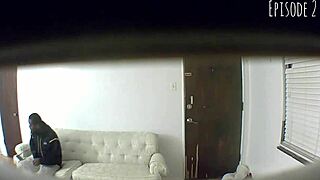 Spy cam catches ebony babe giving sneaky blowjob with cum in mouth.