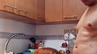 quickie with mother-in-law's pussy in kitchen creampie