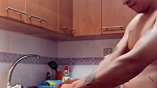 quickie with mother-in-law's pussy in kitchen creampie