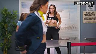 lesbian smuggler feels intense passion in threesome with airport staff