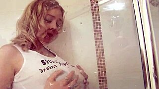 Sapphire Teases Busty Blonde Striptease In Wet Shower