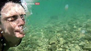 Brunette fucks outdoors, cum facial public walk