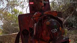 Brunette fucks outdoors, cum facial public walk