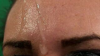 beautiful woman receives facial in pov swallowing the load