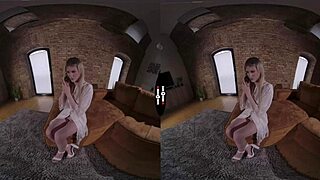 Will the blonde bride get her shaved pussy blown in the dark room VR?