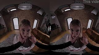 Will the blonde bride get her shaved pussy blown in the dark room VR?