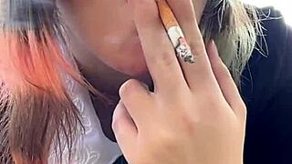 Chubby alt milf smokes intensely outback