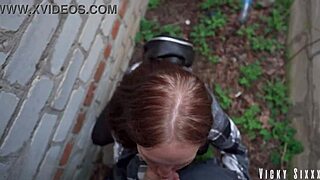 She Moans During Risky Blowjob Behind Garages. He Cums In Mouth And Makes Her Swallow.