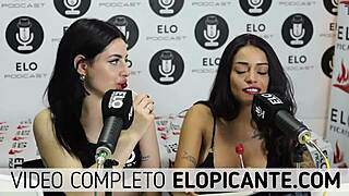 Bisexual lesbians kiss and play with lollipop