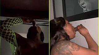 Gloryhole sucking up strangers in sloppy threesome