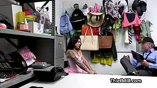 Tattooed Latina MILF thief gets fingered and fucked at office by burglar on hidden cam