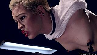 Blonde in doggy bondage gets caned!