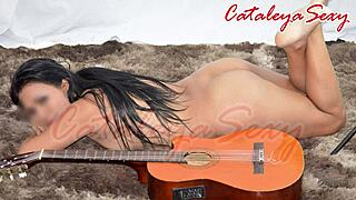 model posing in different outfits and naked with a guitar, really sensual 😍