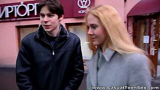 Adeline strips and rides in teen pussy action with cumshot