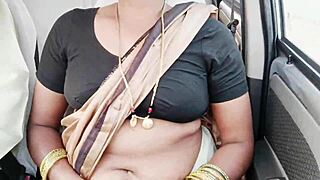 beautiful brunette in saree chats in car