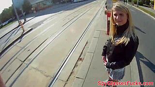 real teen gets fucked outdoors in pov, bent over with cum in mouth. voyeur spying!