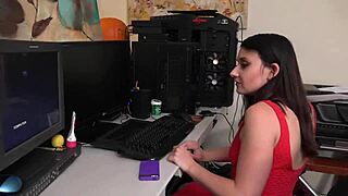 The pretty brunette babe fingers her hairy bush in solo masturbation.