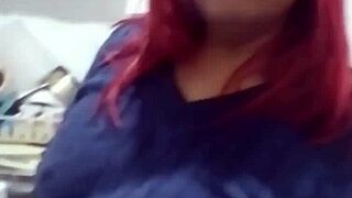 Mature BBW wife licks big tits in kitchen webcam