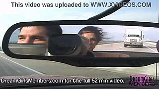 Brunette dream girl flashes big boobs topless in public convertible over skyway bridge