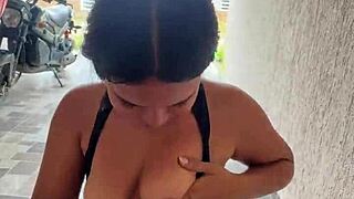 Colombian girlfriend pulls boyfriend's penis on street and sucks it close up