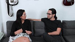 Curvy slut with saggy tits sucks huge cock and gets facial cumshot