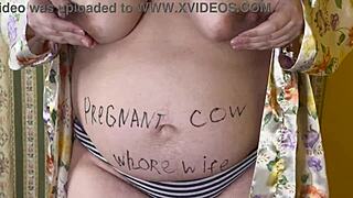 Fat milf wife masturbates solo in cuckold humiliation. Tits exposed, unknown pregnancy.