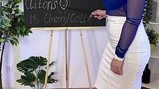 The hot milf in stockings teaches about her big clit while dominating with tits and ass