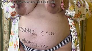 Fat milf wife masturbates solo in cuckold humiliation. Tits exposed, unknown pregnancy.