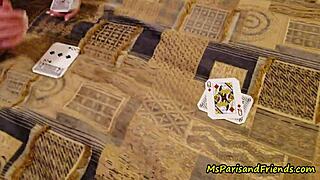 She loses the card game, clothes ripped off, nipples teased, shaved pussy close up.