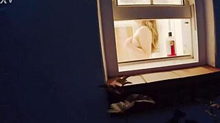 You watch your naked neighbour flashing wet pussy in the shower